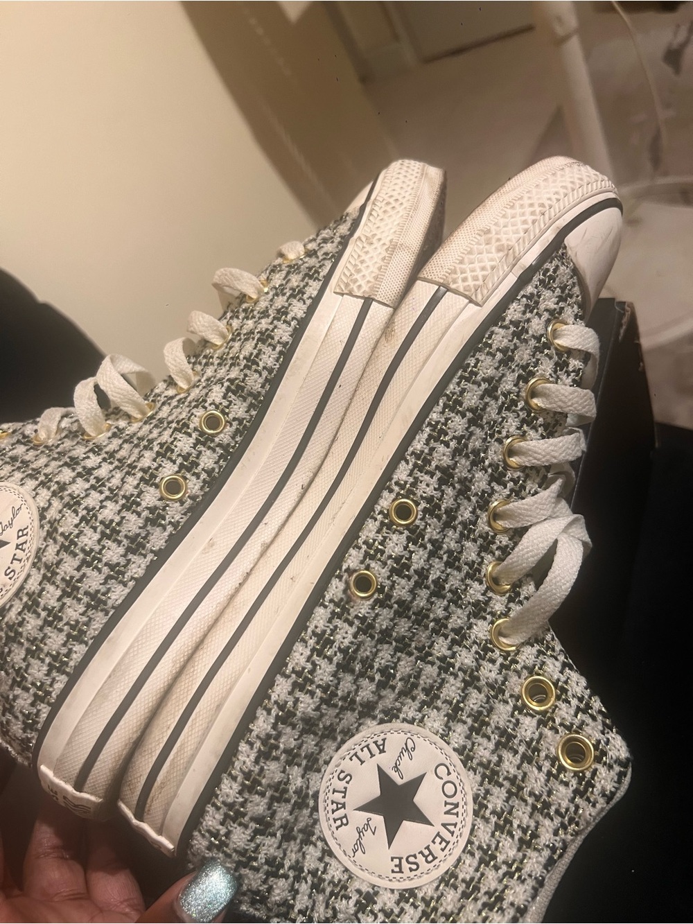 Converse Women's High Top Tweed Sneakers in Black & White gold accent thread - Picture 6 of 7
